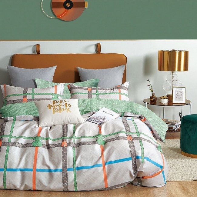 POSCIEL BAWELNIANA PREMIUM 220x200 RELAX  KRATA ZIELONY BIALY POMARANCZOWY -1