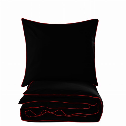 POSCIEL BAWELNIANA BASIC 140x200 CZARNA Z LAMOWKA CZERWONA -elegancka-czarna-posciel-140x200-seria-basic-black-cotton-market