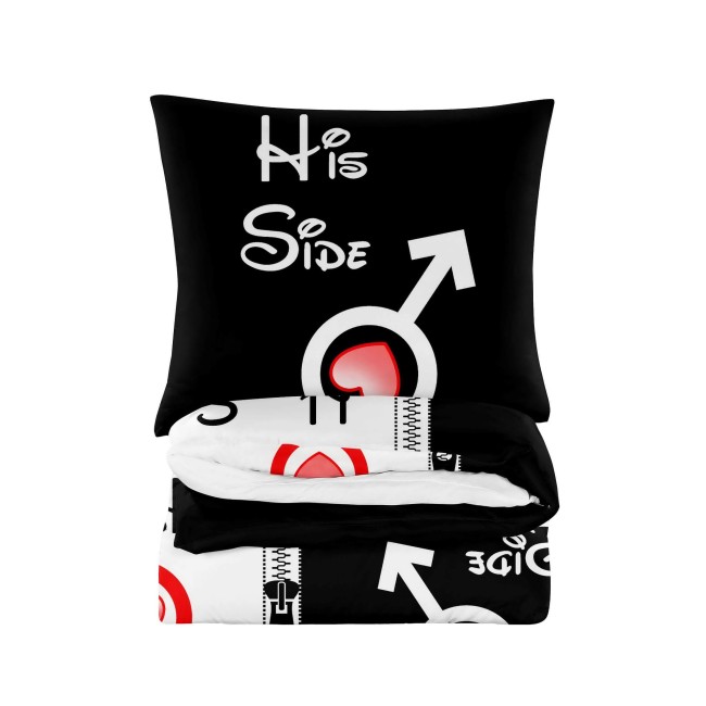 POSCIEL BAWELNIANA 200x200 SIDESTORY,  HIS SIDE -nowoczesna-biala-posciel-200x200-napisy-on-on-cotton-market