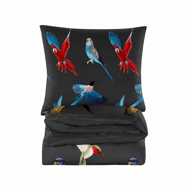 Posciel bawelniana 200x200 world bird ptaki luksusowa-czarna-posciel-200x200-w-kolorowe-papugi-world-bird