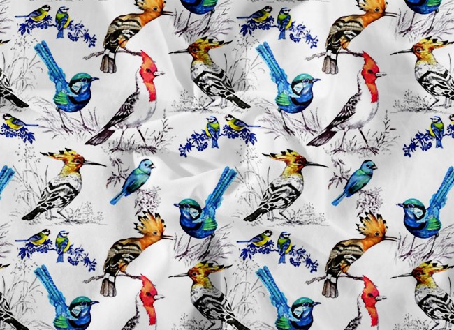 Posciel bawelniana 200x200 polis bird ptaki detal-nadruku-egzotyczne-ptaki-na-ciemnej-poscieli-zblizenie