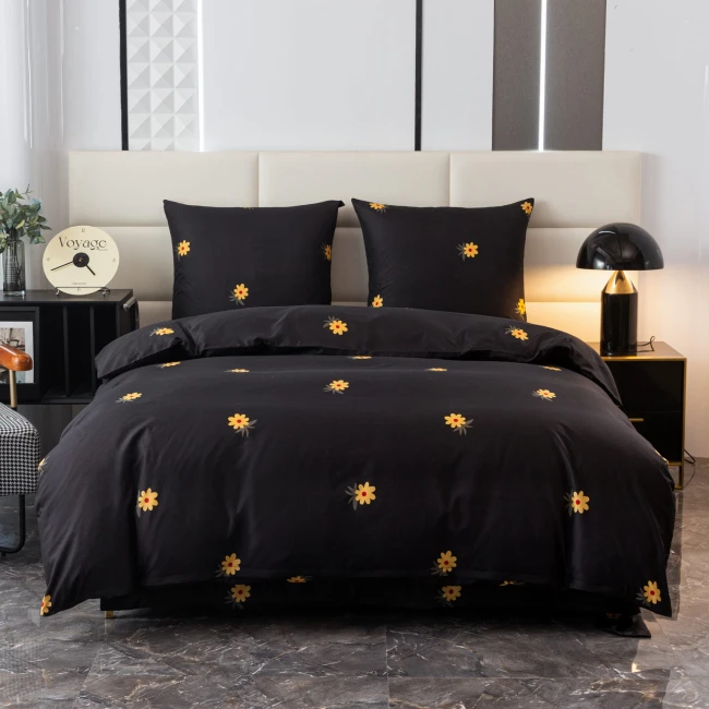 Posciel bawelniana 220x200 kwiaty, CZARNA KWIATY  , ZLOTE -2