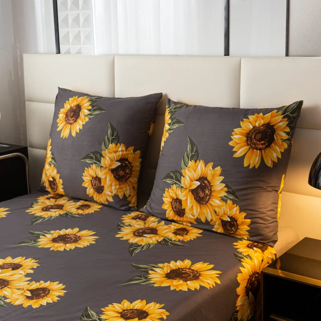 stylowa-sypialnia-malzenska-aranzacja-szara-posciel-sloneczniki mikrowlokno