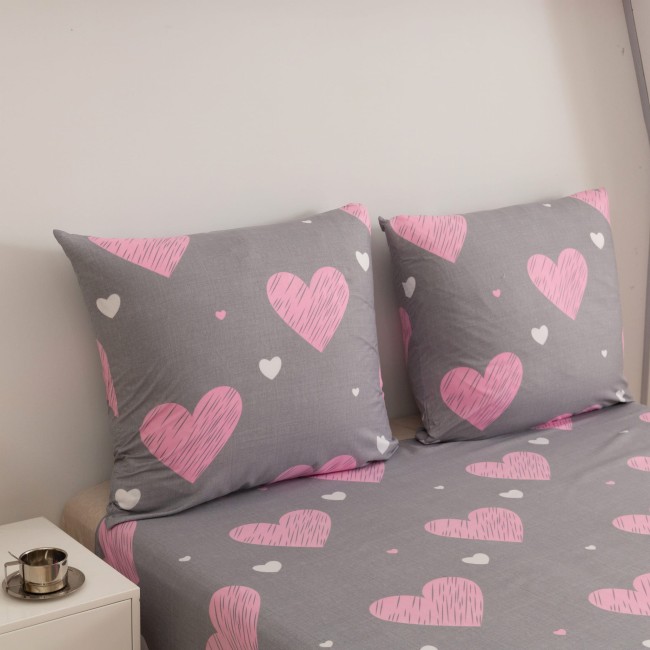 Posciel bawelniana 140x200 pink heart, szara serca rozowe -6