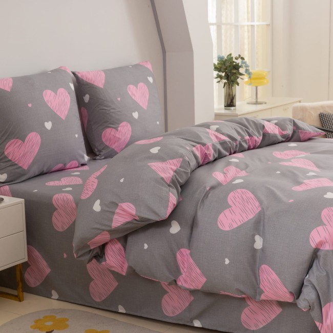 Posciel bawelniana 140x200 pink heart, szara serca rozowe -7