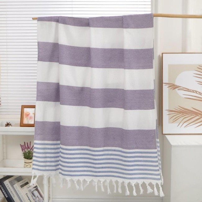 recznik boho plazowy paski z fredzlami 90x180 bialy fiolet - 2