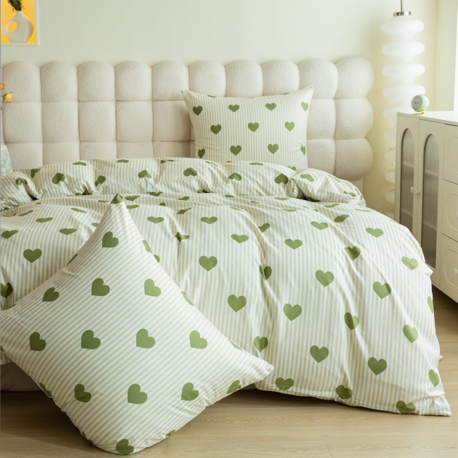 Komplet Poscieli Dwuosobowe Serduszka zielone i paski 220x200 z 2 Poszewkami 70x80 super jakosc 100% bawelna