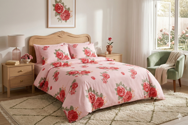 POSCIEL BAWELNIANA detal-nadruku-kwiatowego-roze-na-miekkiej-poscieli-220x200