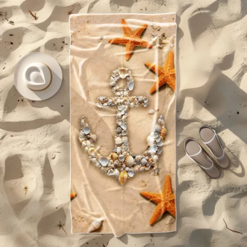 recznik plazowy, mikrofibra, 180x100, plaza, kotwica, muszelki, rozgwiazdy