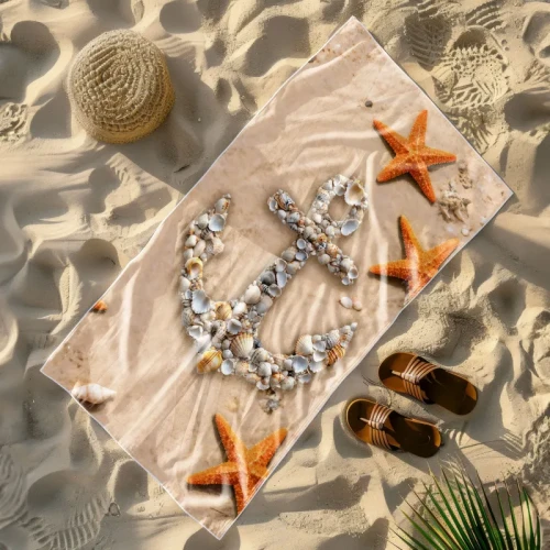 recznik plazowy, mikrofibra, 180x100, plaza, kotwica, muszelki, rozgwiazdy