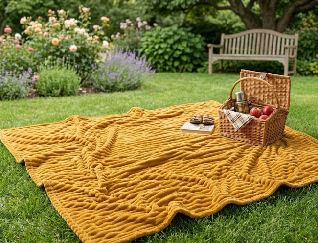 Koc polarowy FALA 170x210 kremowy, ogrodowy , pinkikowy, na ogrod, na tara, na trawe, na piknik, pled, mata -2