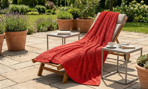 Koc polarowy FALA 220x240 czerwony, ogrodowy , pinkikowy, na ogrod, na tara, na trawe, na piknik, pled, mata -5