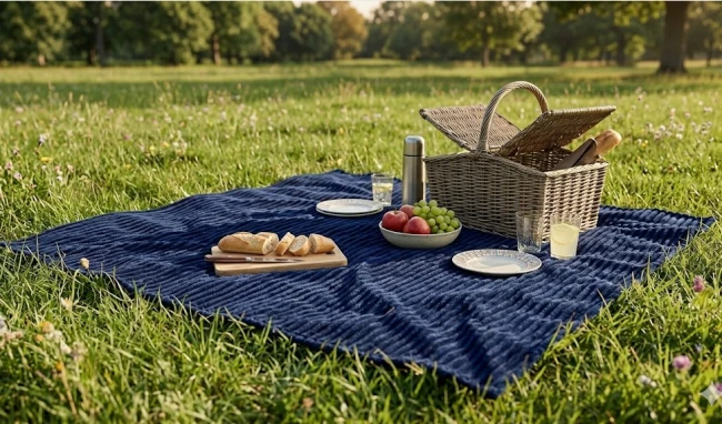 Koc polarowy FALA 220x240 kremowy, duzy, granatowy, ogrodowy , pinkikowy, na ogrod, na taras, na trawe, na piknik, pled, mata