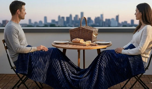 Koc polarowy FALA 220x240 kremowy, duzy, granatowy, ogrodowy , pinkikowy, na ogrod, na taras, na trawe, na piknik, pled, mata