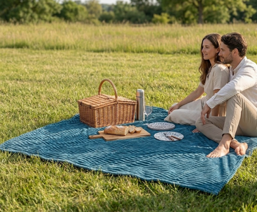 Koc polarowy FALA 170x210 niebieski, ogrodowy , pinkikowy, na ogrod, na tara, na trawe, na piknik, pled, mata