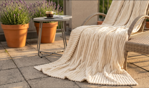 Koc polarowy FALA 220x240 kremowy, ogrodowy , pinkikowy, na ogrod, na tara, na trawe, na piknik, pled, mata -1