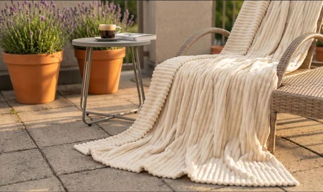 Koc polarowy FALA 220x240 kremowy, ogrodowy , pinkikowy, na ogrod, na tara, na trawe, na piknik, pled, mata -1