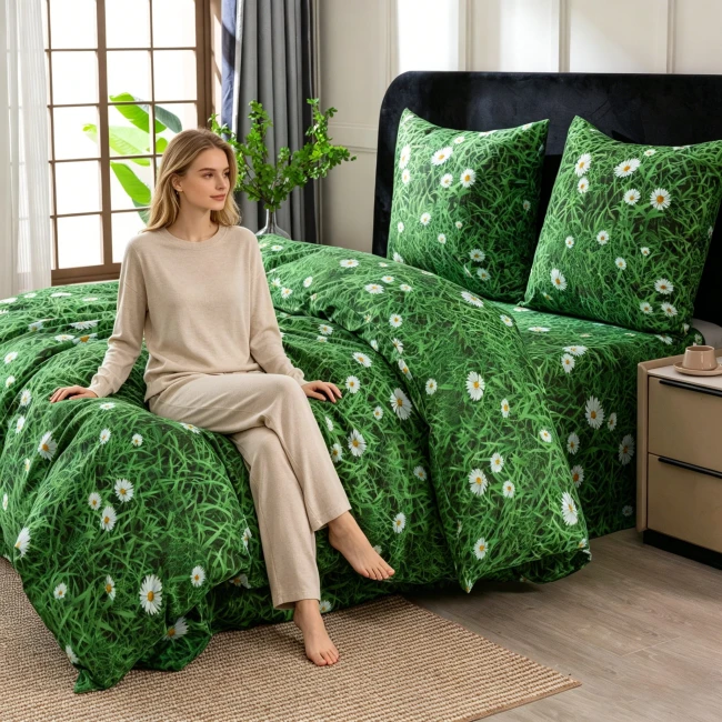 detal-nadruku-bialych-stokrotek-na-zielonej-poscieli-zblizenie