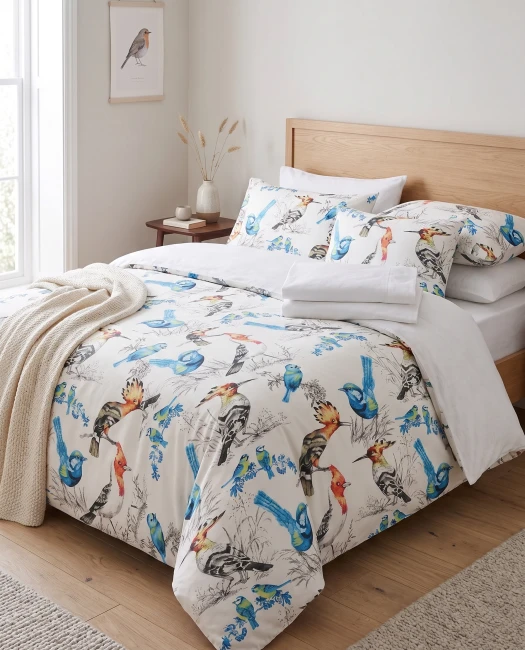 Posciel bawelniana 200x200 polis bird ptaki ciemna-posciel-premium-200x200-w-kolorowe-ptaki-polis-bird