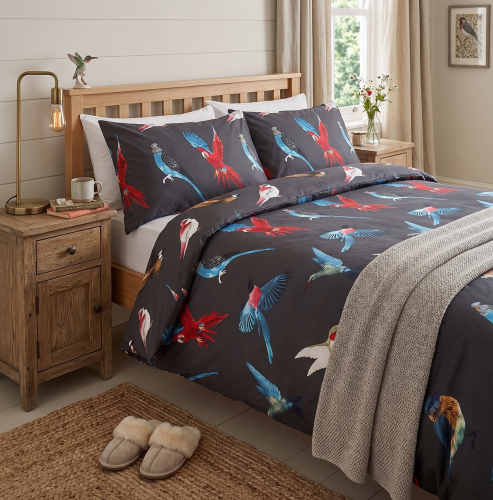 Posciel bawelniana 220x200 world bird ptaki luksusowa-czarna-posciel-200x200-w-kolorowe-papugi-world-bird