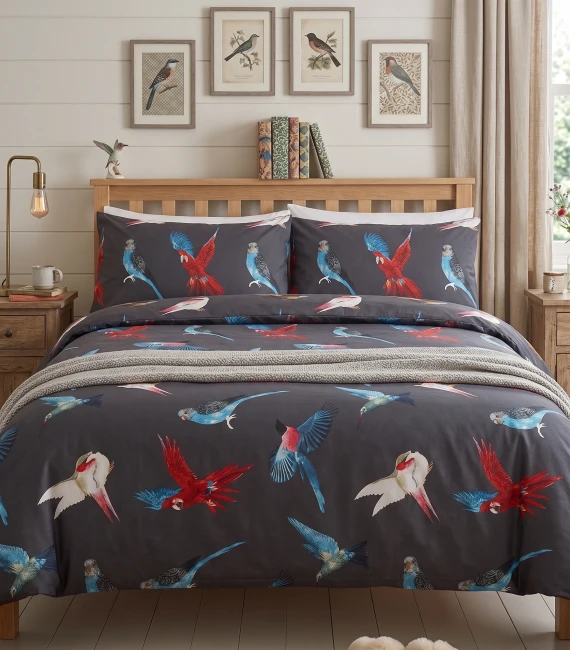 Posciel bawelniana 220x200 world bird ptaki luksusowa-czarna-posciel-200x200-w-kolorowe-papugi-world-bird