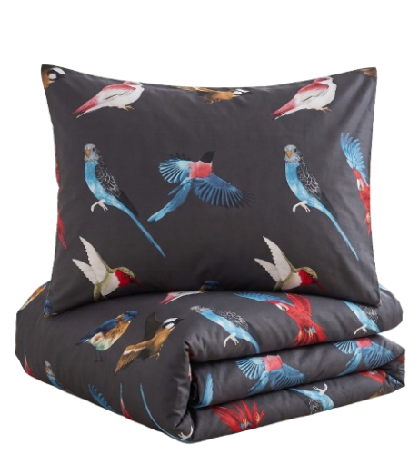 Posciel bawelniana 160x200 world bird ptaki luksusowa-czarna-posciel-200x200-w-kolorowe-papugi-world-bird