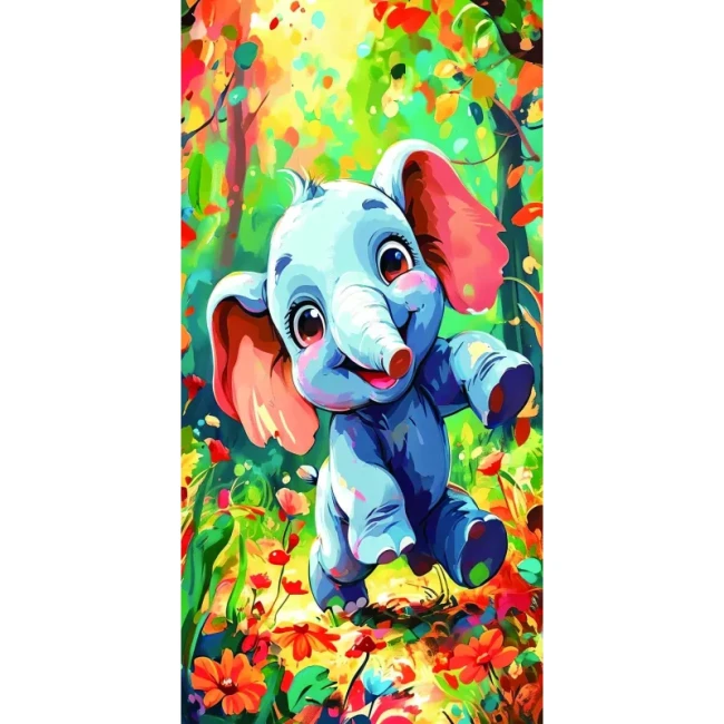 Kolorowy ręcznik plażowy z mikrofibry 100x180 cm z nadrukiem bajkowego niebieskiego słonika w barwnym lesie.