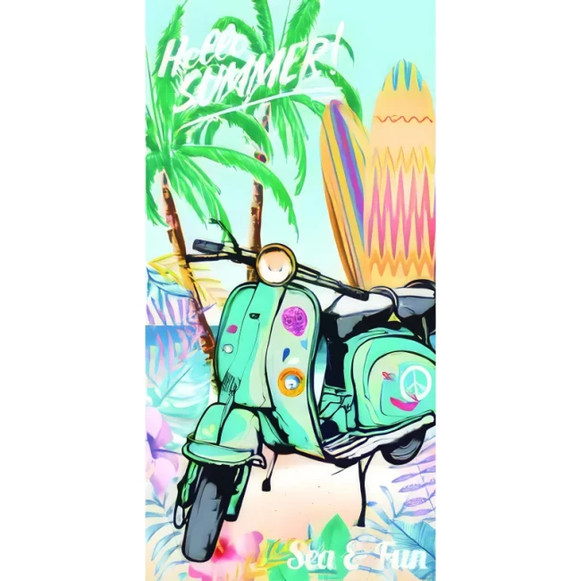 Ręcznik plażowy z mikrofibry 100x180 cm przedstawiający miętowy skuter retro, palmy, deski surfingowe oraz napis Hello Summer.