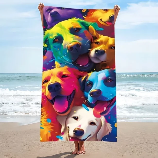 Ręcznik plażowy z mikrofibry 100x180 cm z gęstym, neonowym nadrukiem uśmiechniętych, tęczowych psów.