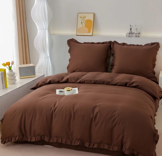 Pościel Premium z Bawełny 140x200 z Brązową Falbaną