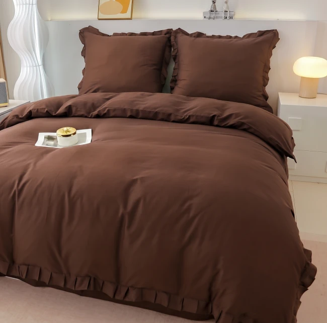 Pościel Premium z Bawełny 140x200 z Brązową Falbaną