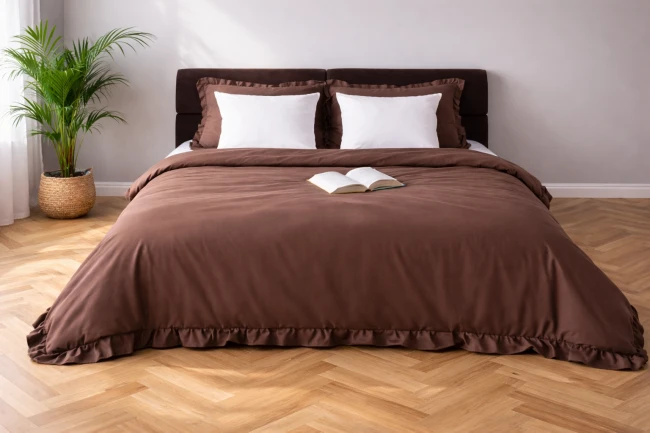 Pościel Premium z Bawełny 140x200 z Brązową Falbaną
