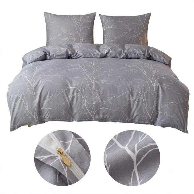 Komplet Poscieli Dwuosobowej Szara galazki 200x200 z 2 Poszewkami 70x80 bawelna 100% szara super jakosc