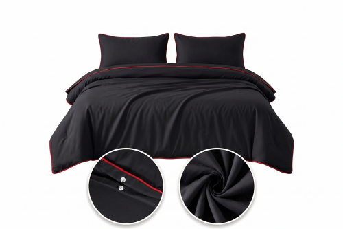 POSCIEL BAWELNIANA BASIC 140x200 CZARNA Z LAMOWKA CZERWONA -elegancka-czarna-posciel-140x200-seria-basic-black-cotton-market