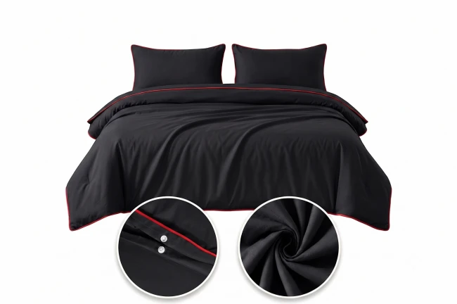 POSCIEL BAWELNIANA BASIC CZARNA Z LAMOWKA CZERWONA -elegancka-czarna-posciel-140x200-seria-basic-black-cotton-market