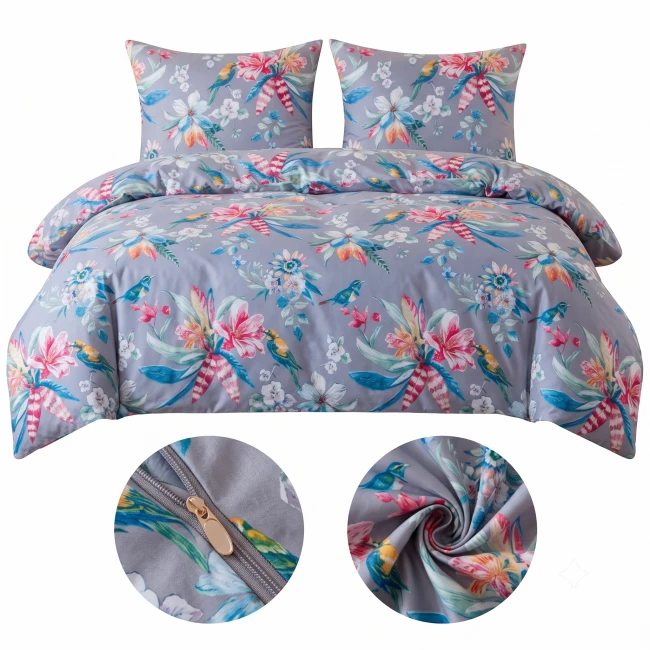 POSCIEL BAWELNIANA 220x200 CARMEN, kwiaty liscie ptaki 1642  -1
