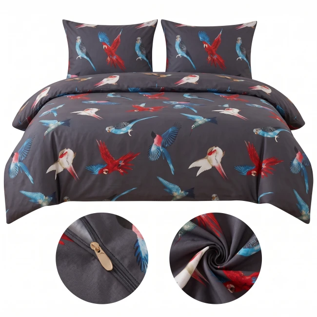 Posciel bawelniana world bird ptaki luksusowa-czarna-posciel-200x200-w-kolorowe-papugi-world-bird