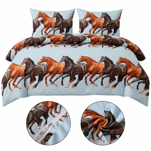 POSCIEL BAWELNIANA 200x200 HORSE BRAZOWE  KONIE -detal-nadruku-z-motywem-koni-na-poscieli-zblizenie