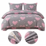 Pościel 220x200 + 2 70x80 poduszki - Komplet Szara z Serduszkami  Pink Heart