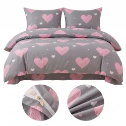 Pościel 160x200 + 2 70x80 poduszki - Komplet Szara z Serduszkami  Pink Heart